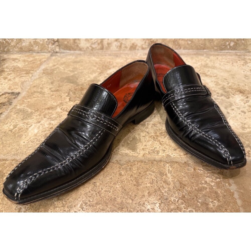 Mens Black Leather Loafers With Stitch Detailing & Decorative Strap Size 9.5